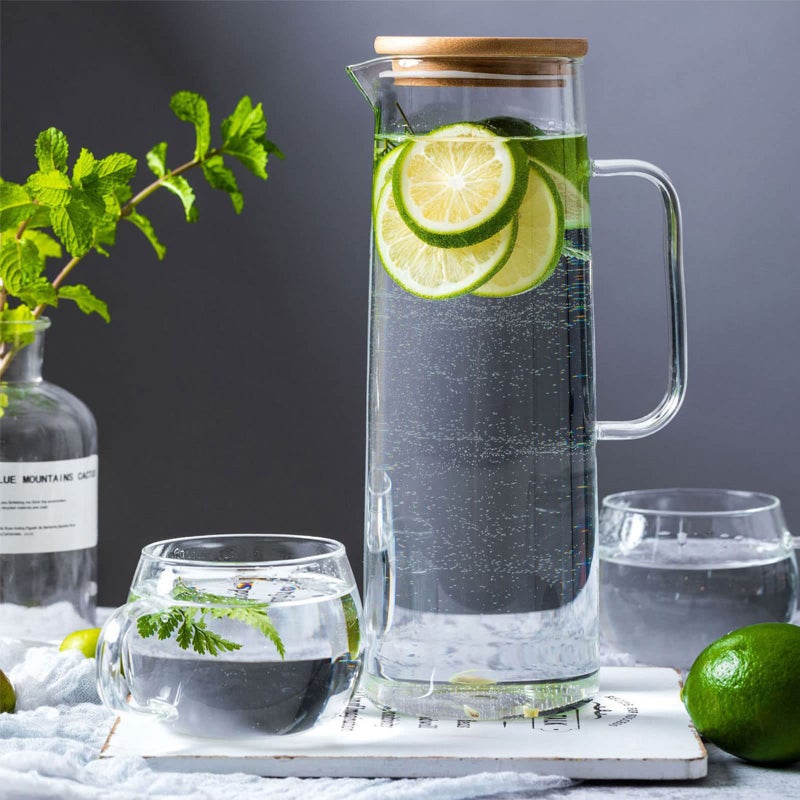 hjn Glass Pitcher with Lid Glass Water Carafe with Handle, Fridge Water Jug Cold or Hot Beverages, Iced Tea, Milk, Juice 1500ml/51oz & bamboo lid - Image 2